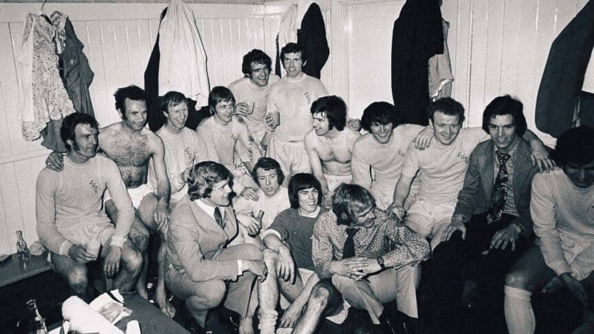 The Leeds United players celebrate winning 3-0 against Birmingham City in the 1972 FA Cup semi-final