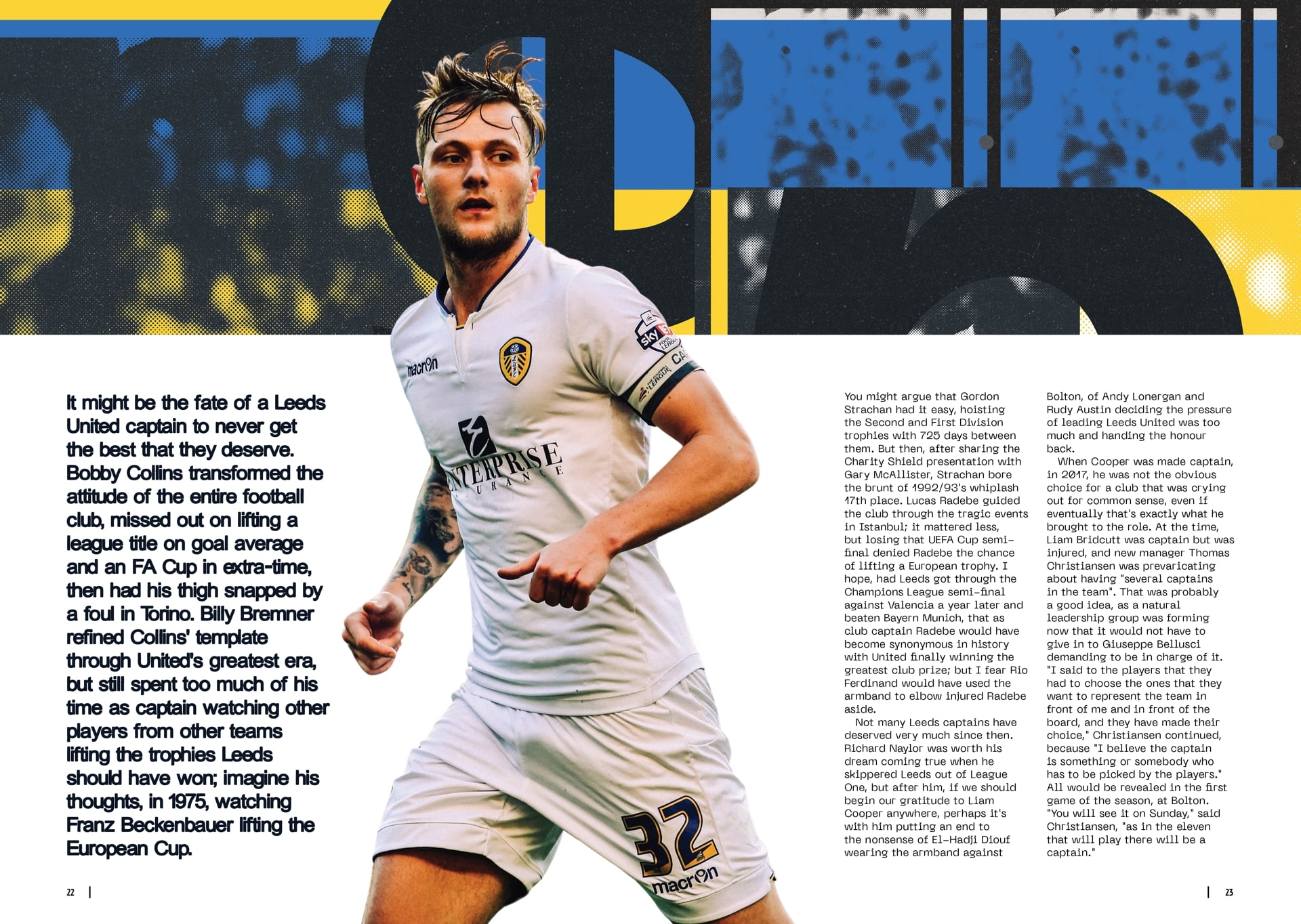 A double page spread from inside the TSB Summer Special 2024, showing a tribute to Liam Cooper, with a photo of him from 2015ish in the middle