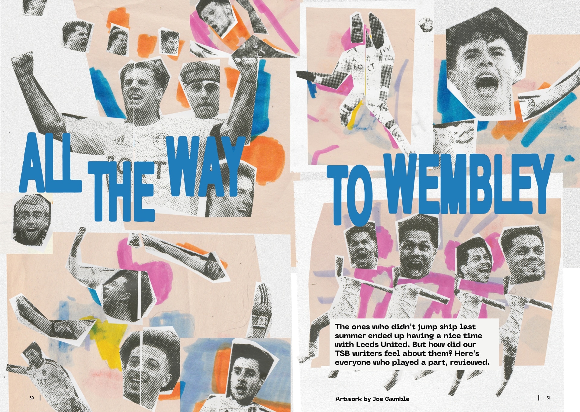 A double page spread from inside the TSB Summer Special 2024, showing the intro to our player-by-player review of the season, and collage artwork of the players by Joe Gamble