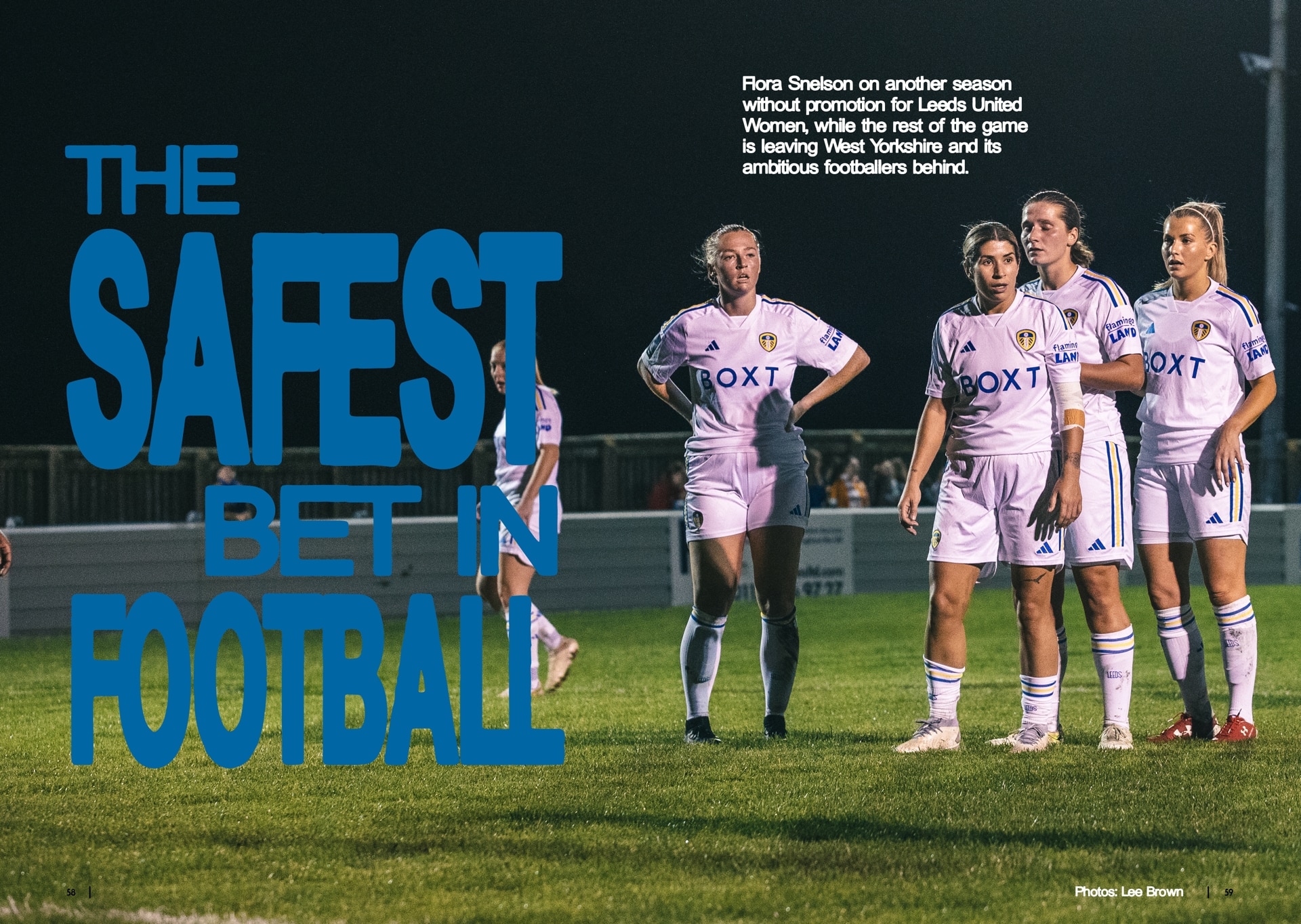 A double page spread from inside the TSB Summer Special 2024, showing a photo of players from Leeds United Women as part of Flora Snelson's review of their season