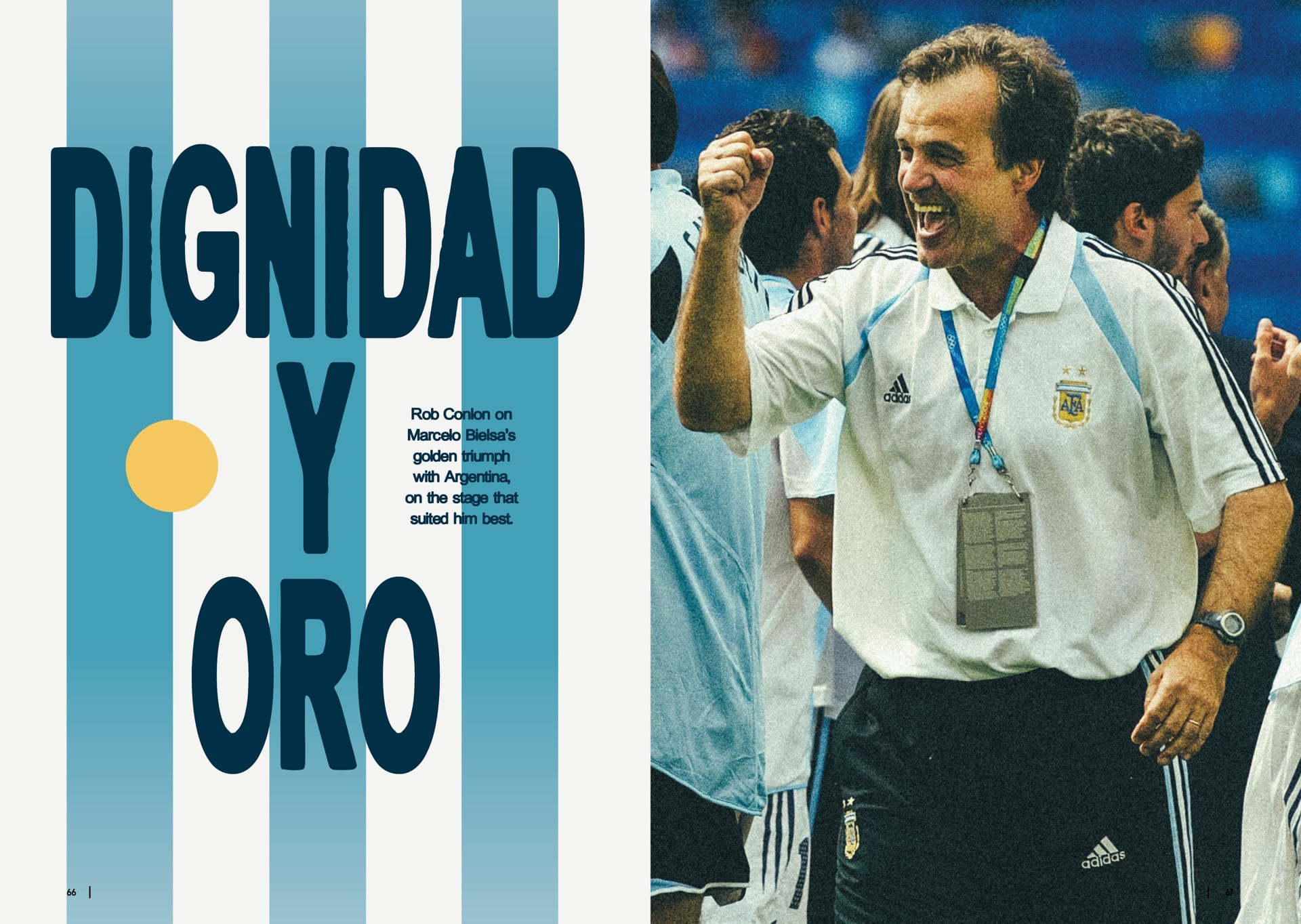 A double page spread from inside the TSB Summer Special 2024, showing Marcelo Bielsa at the Olympics with Argentina, as part of an article about that tournament by Rob Conlon