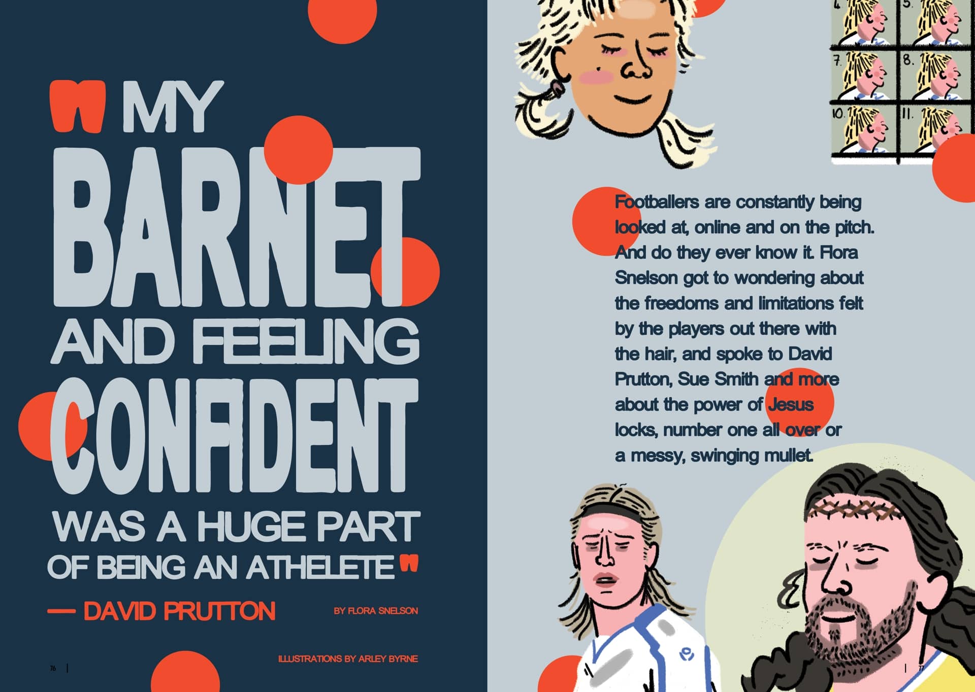 A double page spread from inside the TSB Summer Special 2024, showing the intro an article by Flora Snelson talking to people including David Prutton and Sue Smith about good hair. It includes illustrations of Prutts and Smith by Arley Byrne