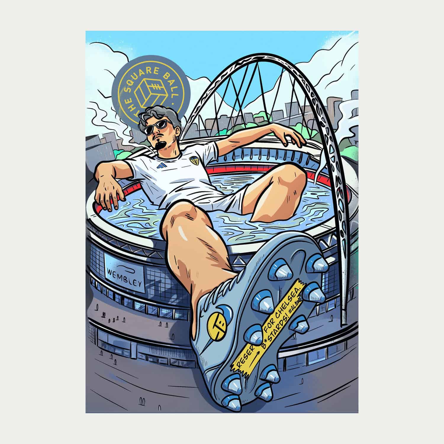 The cover artwork of issue seven of The Square Ball magazine 2025/26, featuring an illustration by Rob Palmer of a massive Pascal Struijk using Wembley as a big bathtub while wearing sunglasses
