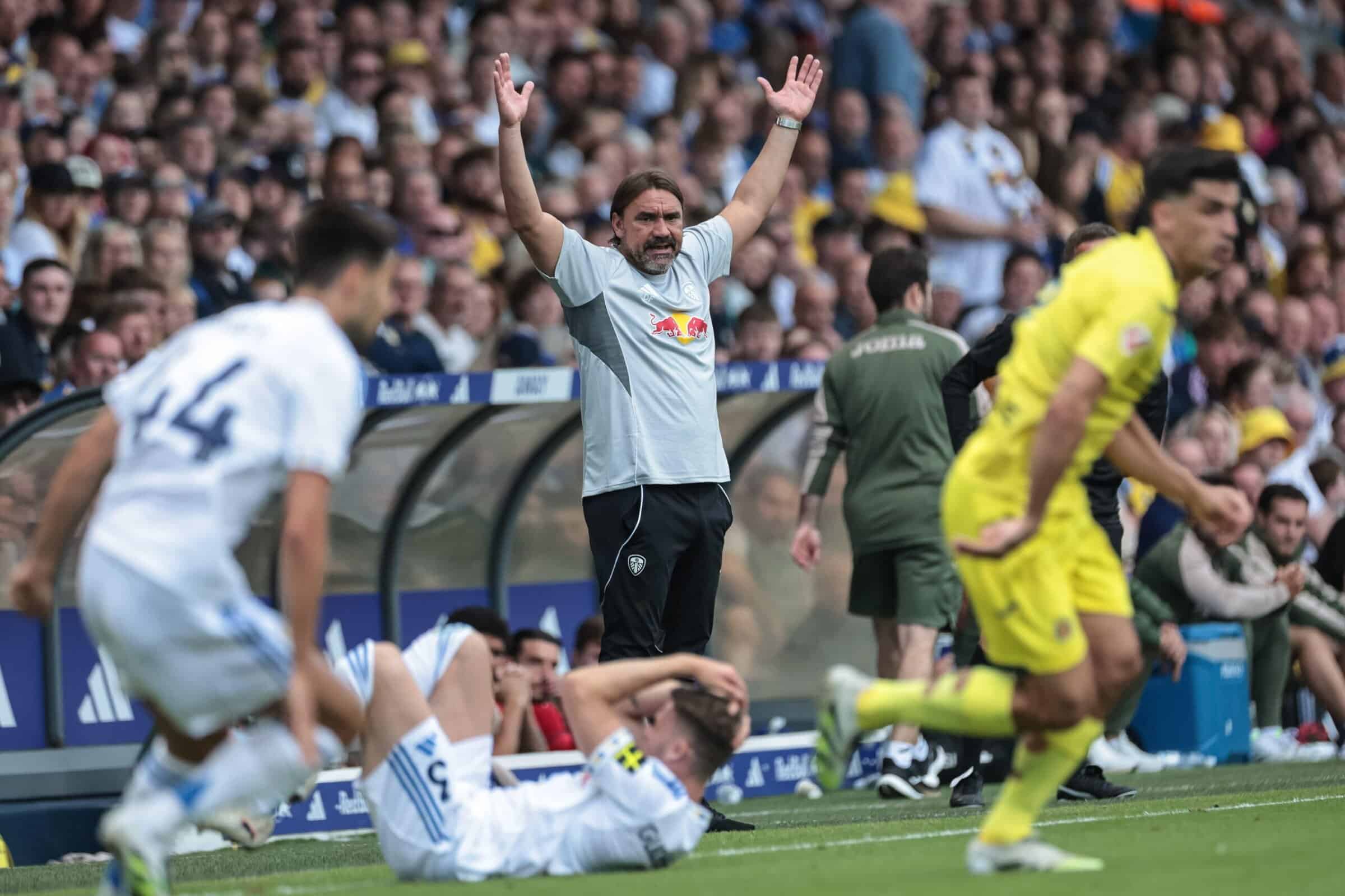 Gabi Gudmundsson lays down holding his knee while Daniel Farke watches on, incredulous.
