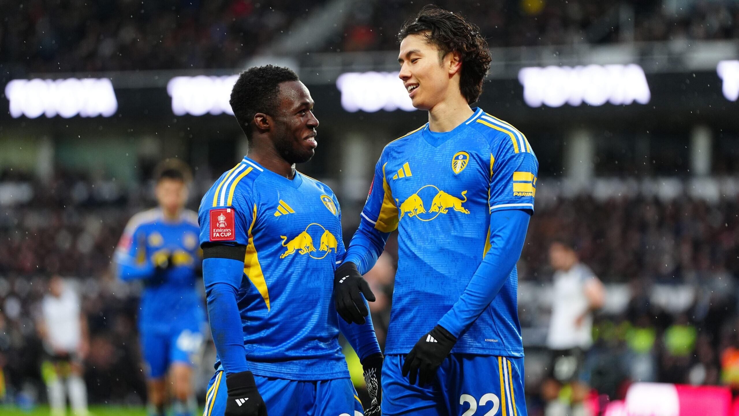 Wilf Gnonto and Ao Tanaka share a moment as they cruise to a 3-1 win against Derby. Cute.