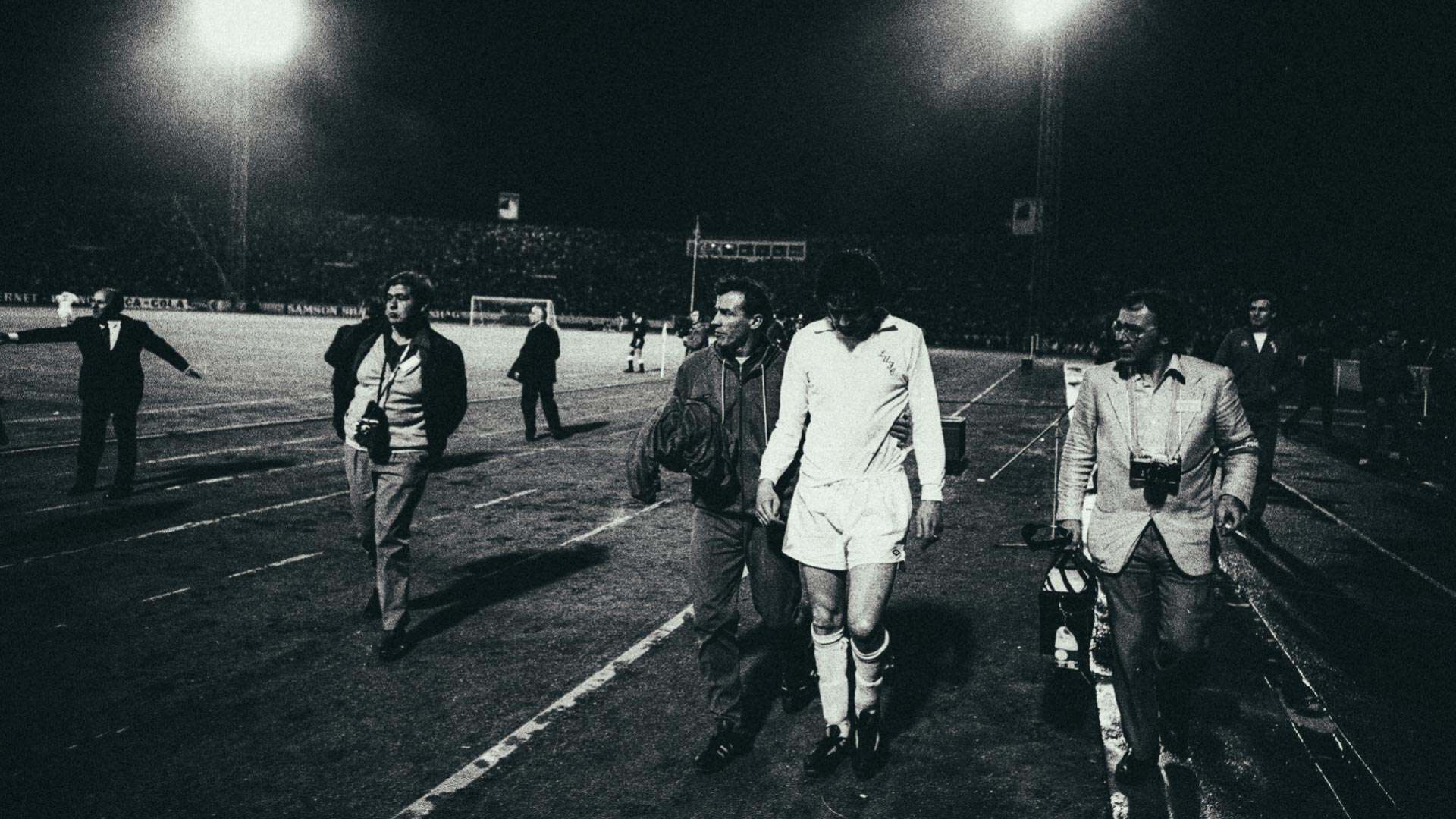 Norman Hunter gets escorted off the pitch in the 1973 European Cup Winners' Cup final after finally snapping in frustration and getting sent off in stoppage time