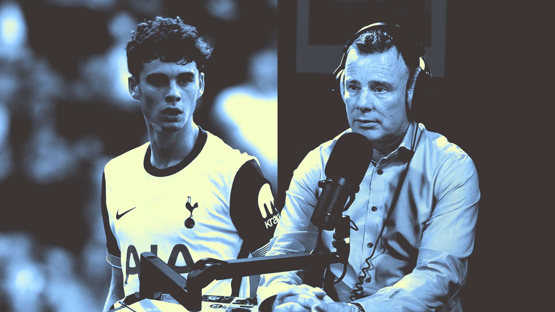 Angus Kinnear appearing on The Square Ball podcast alongside a photo of some loser who plays for Spurs called Archie Gray