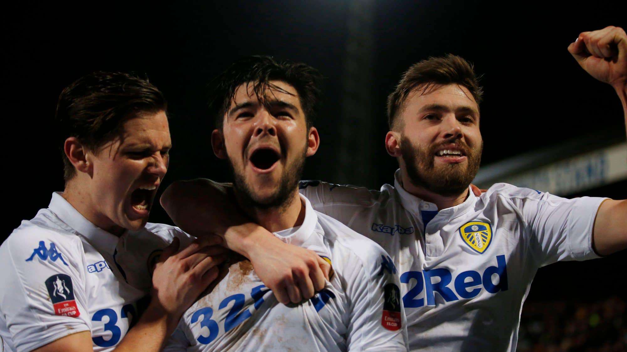 Marcus Antonsson, Alex Mowatt and Stuart Dallas celebrating another great Mowatt goal for Leeds