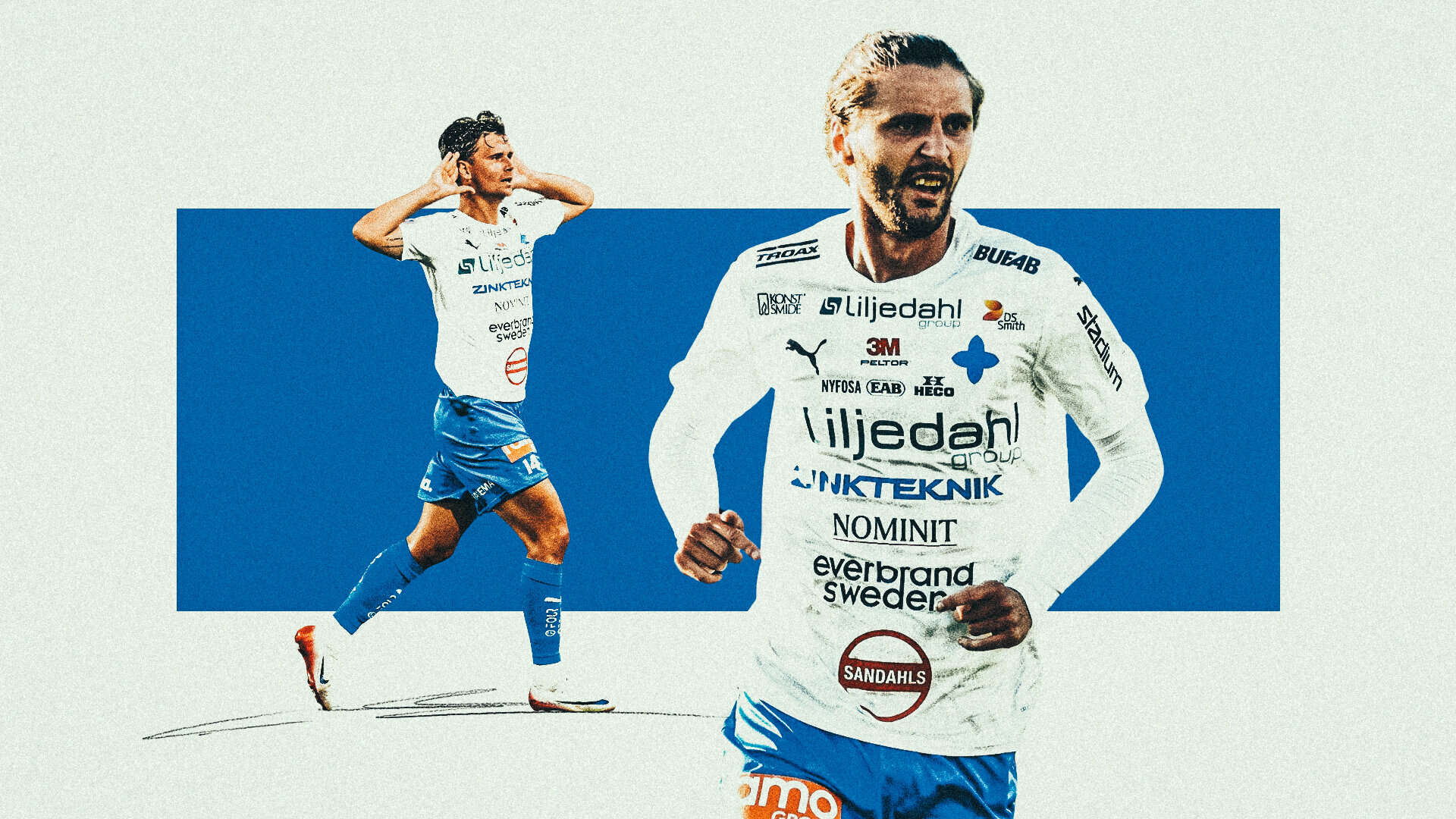 Marcus Antonsson and Pawel Cibicki playing in Sweden wearing the white and blue kits of IFK Värnamo, albeit you can barely see the shirt because it's so covered in sponsors