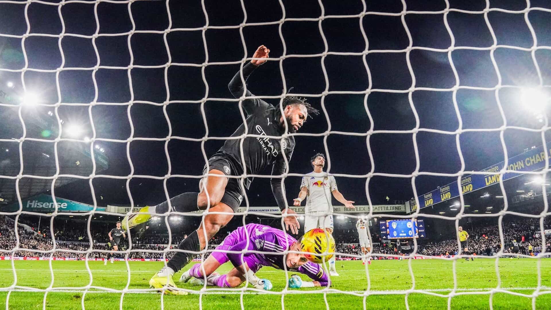 Antoine Semenyo scores Manchester City's winner as Karl Darlow desperately scrambles on the floor with Pascal Struijk in the background holding his hands up