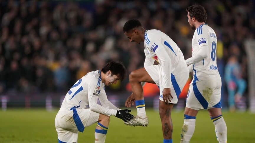 Ao Tanaka on one knee pretending to polish Junior Firpo's left foot while celebrating his goal to make it 2-0 against Millwall. Nice lads
