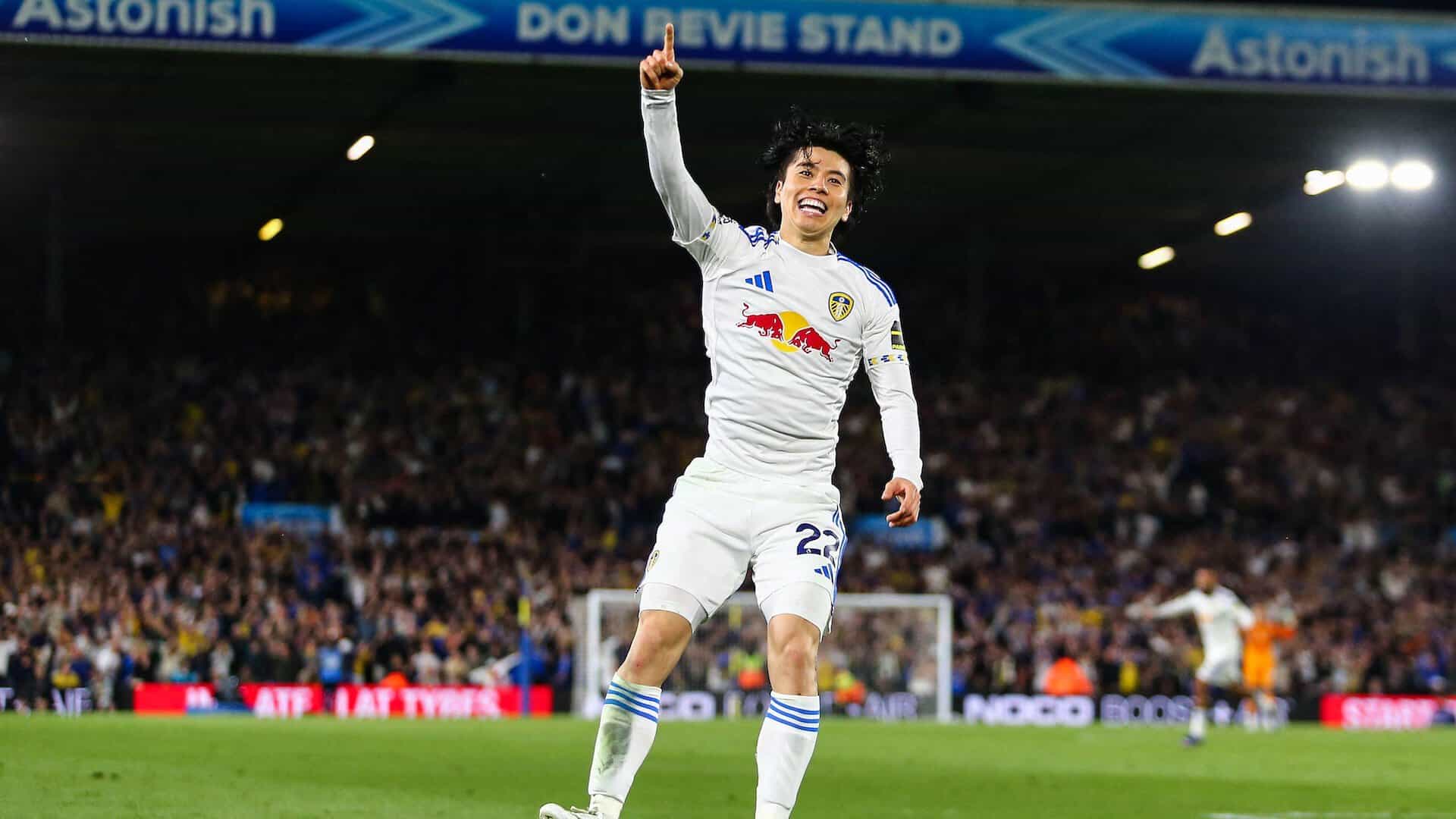 Ao Tanaka jumping and punching the air in delight after his shot led to Dominic Calvert-Lewin putting Leeds 3-0 up against Burnley