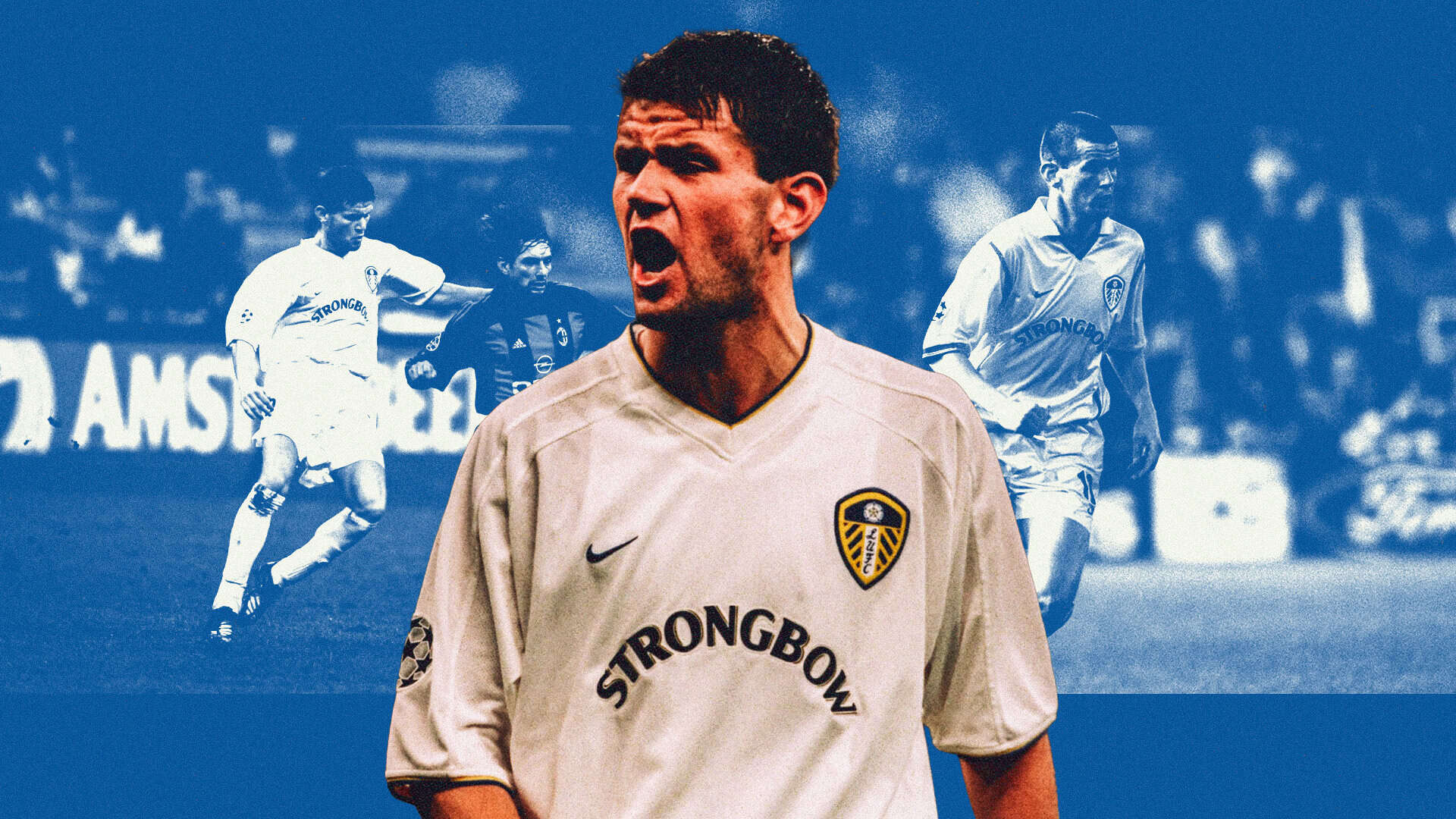 A collage of images of Eirik Bakke playing for Leeds United in the Champions League, his white shirt gleaming against a blue background