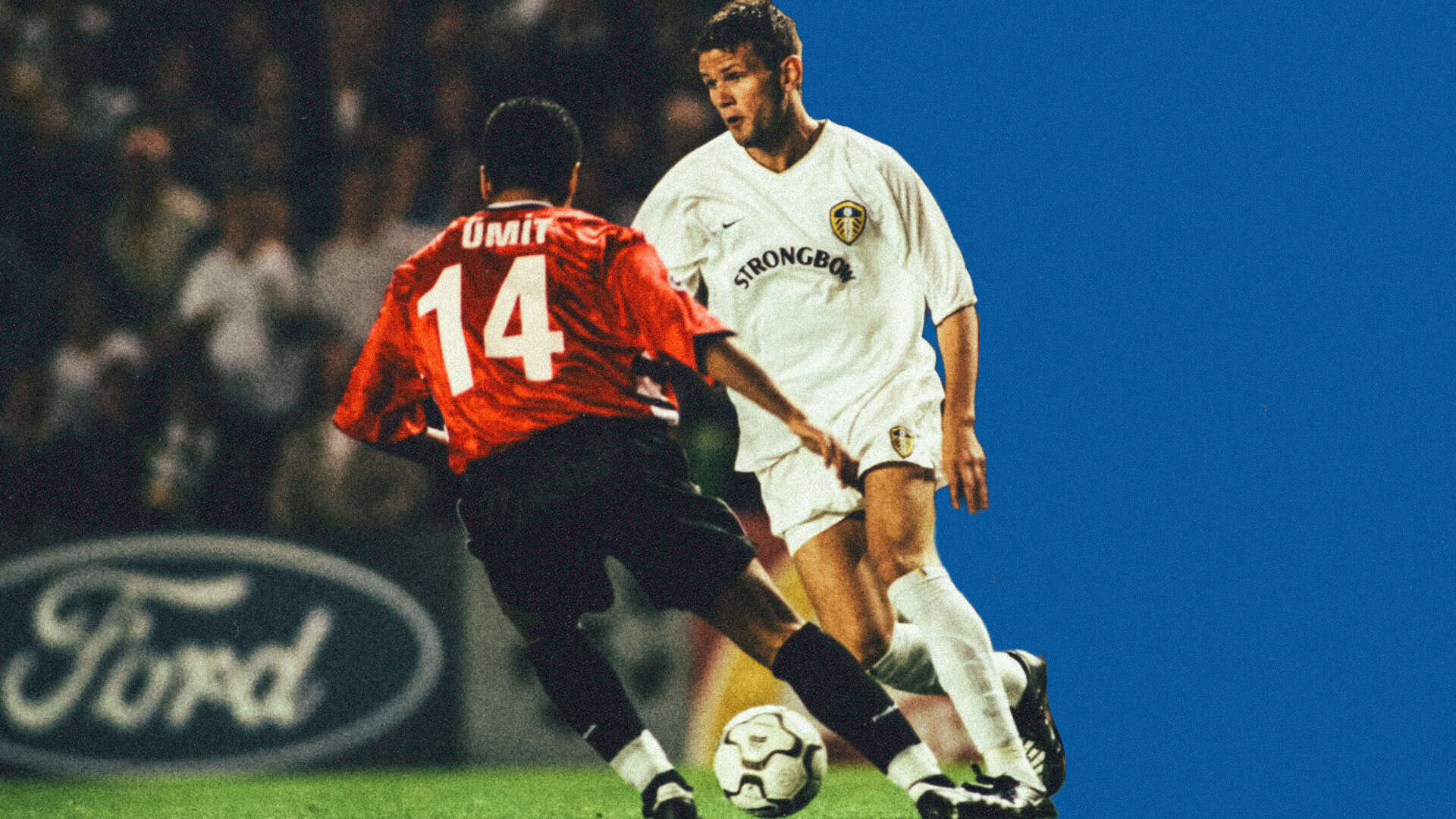 Eirik Bakke with the ball at his feet taking on a Besiktas defender at Elland Road