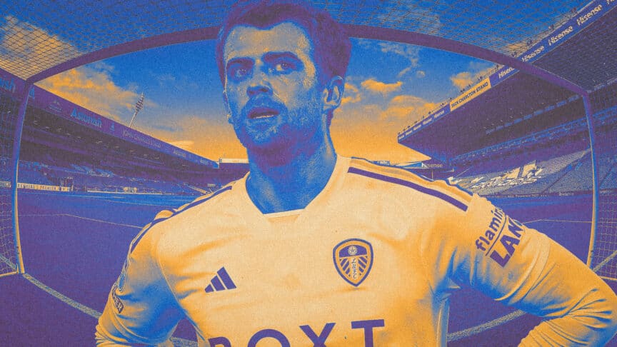 Pat Bamford looking slightly spooked and concerned, as if he's about to take a penalty, superimposed with the view of Elland Road from the penalty area in the background