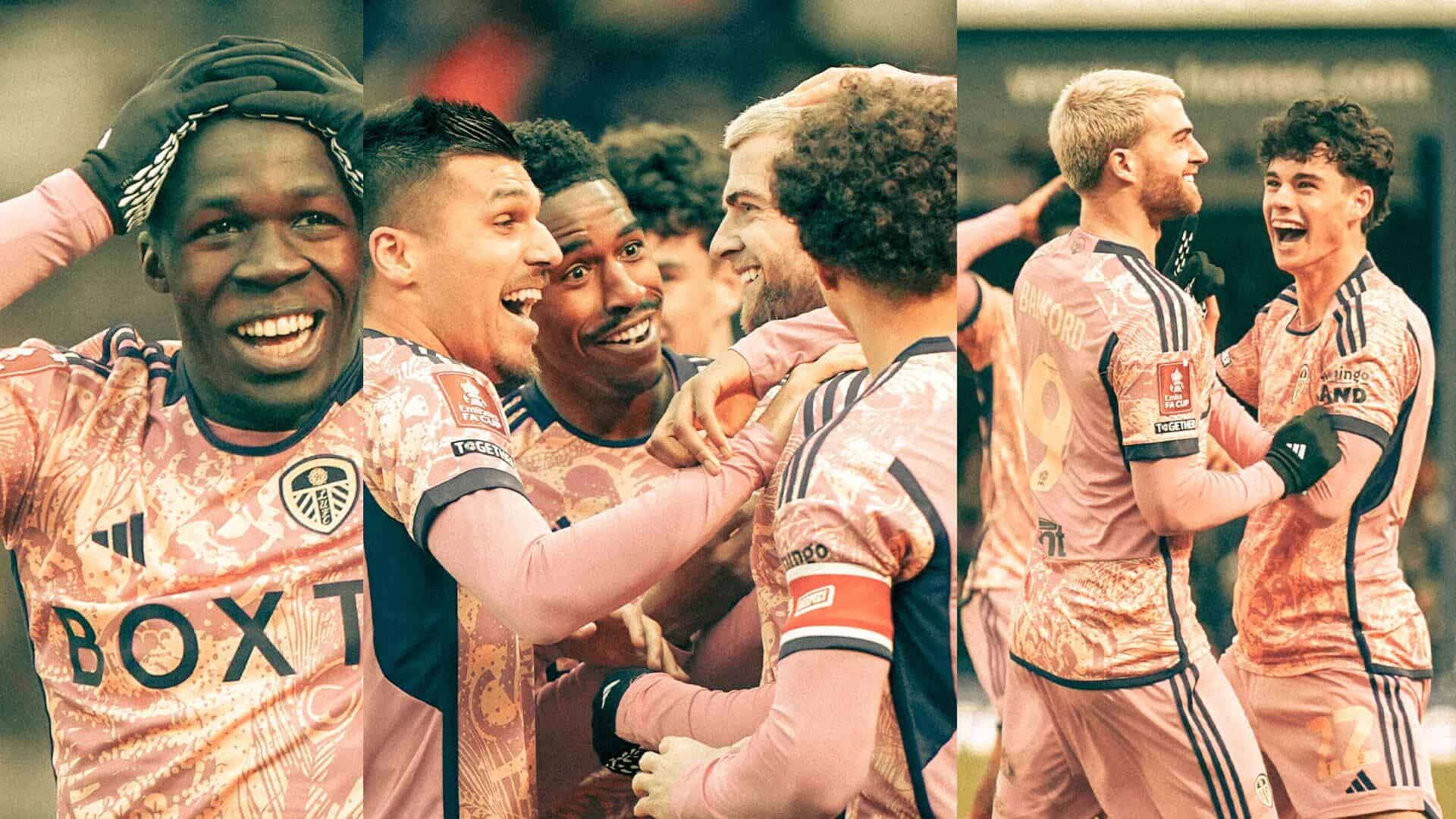A collage of photos of Pat Bamford's teammates struggling to hide their disbelief at his volley against Peterborough