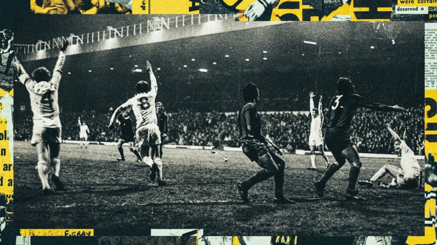 Leeds United celebrating a goal in their glorious triumph over Barcelona in the first leg of the 1974/75 European Cup semi-final