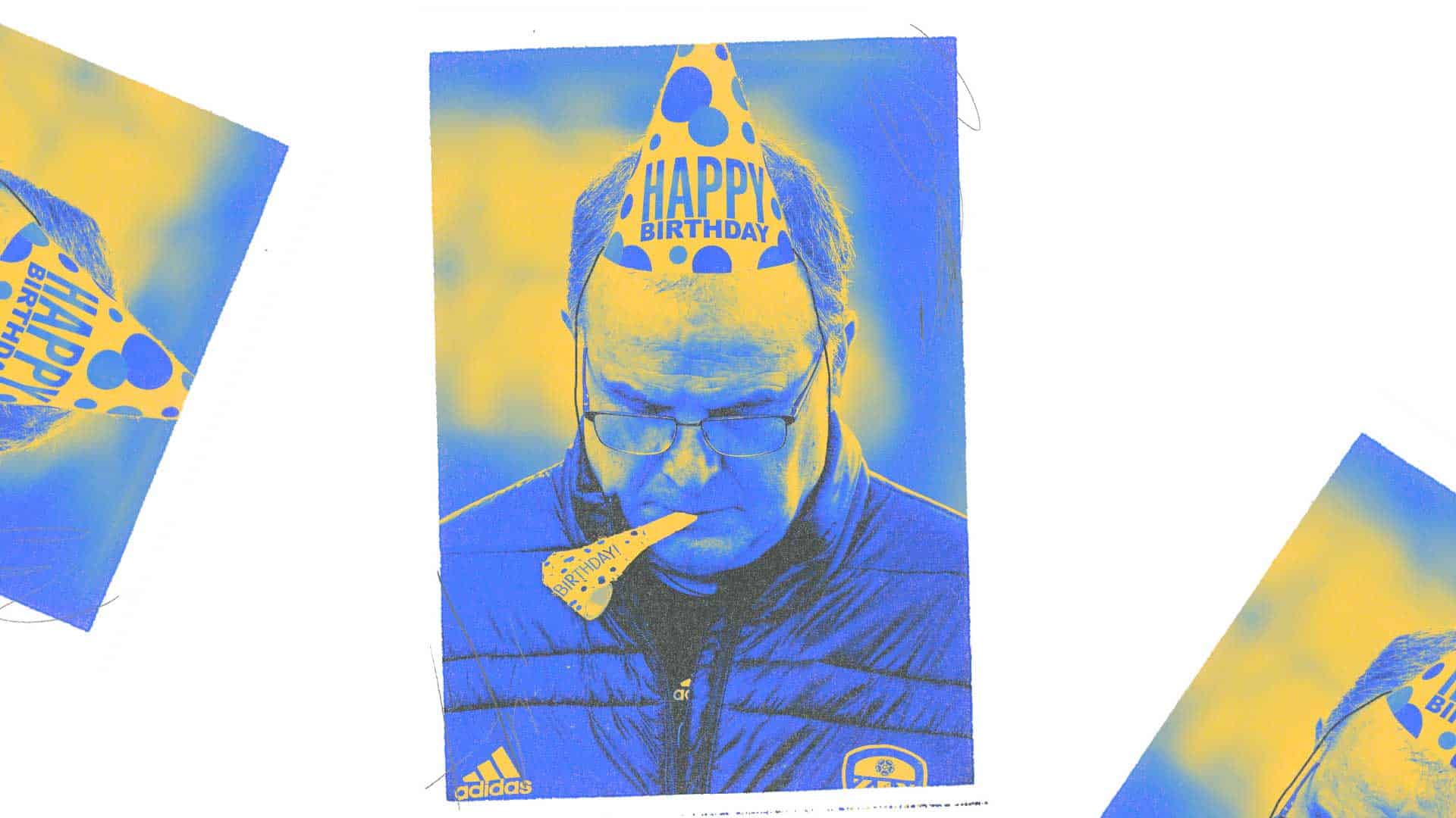Marcelo Bielsa wearing a party hat, with a party blower in his mouth, looking like he's not enjoying the vibe