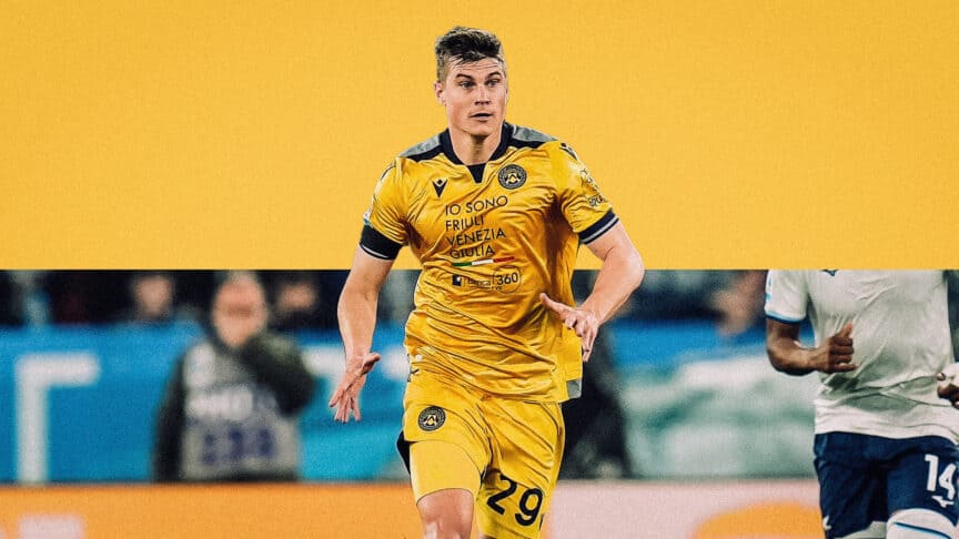 Leeds United's new signing Jaka Bijol playing for Udinese in a lovely yellow jersey. That's nice, isn't it?