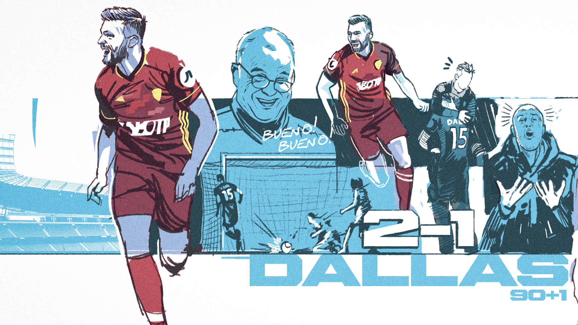 An illustration of Stuart Dallas' winner at Man City, featuring Dallas wheeling away in celebration, a smiling Marcelo Bielsa uttering "bueno", and a shocked Pep Guardiola — the bald fraud