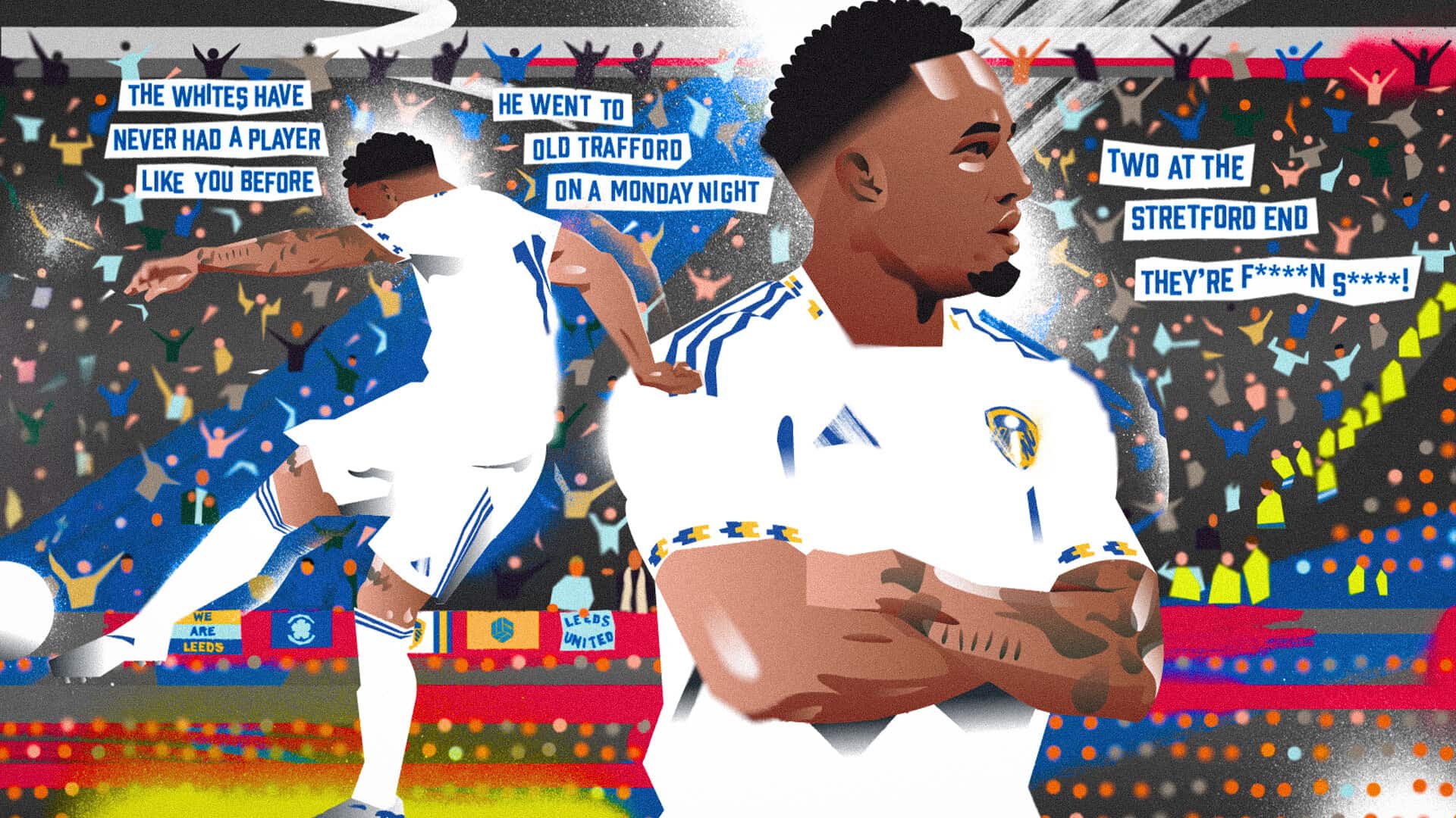 Chris Moran's illustration of Noah Okafor's brace at Old Trafford, against a backdrop of the song he inspired among the away end