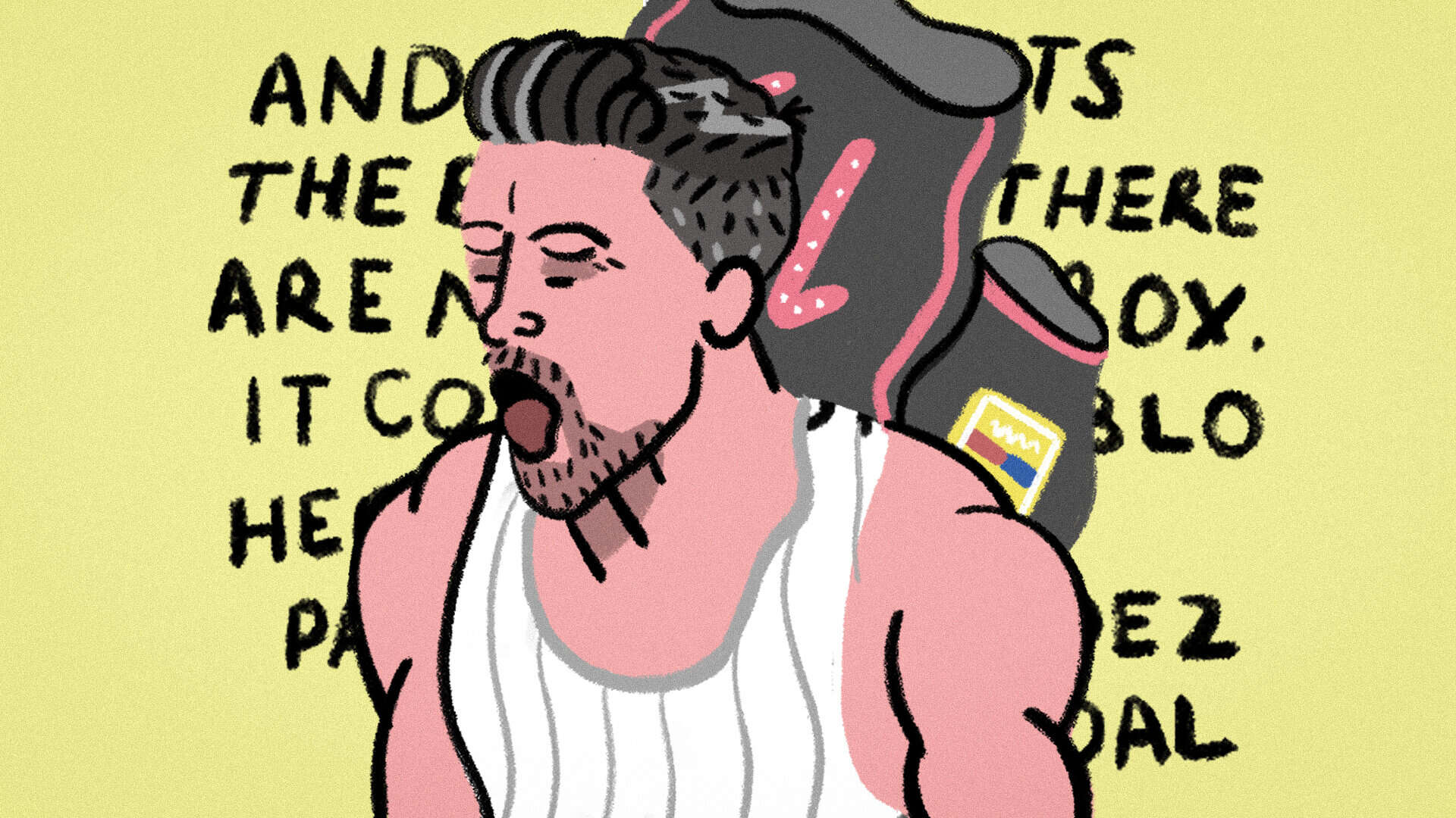 Arley Byrne's illustration of Pablo Hernandez celebrating THAT winner at Swansea in his vest, his shirt thrown behind him into the air, against a backdrop of Bryn Law's commentary on LUTV