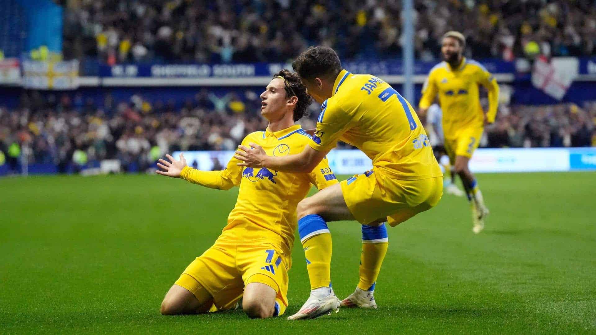Brenden Aaronson sliding on his knees like a cool kid after scoring at Sheffield Wednesday