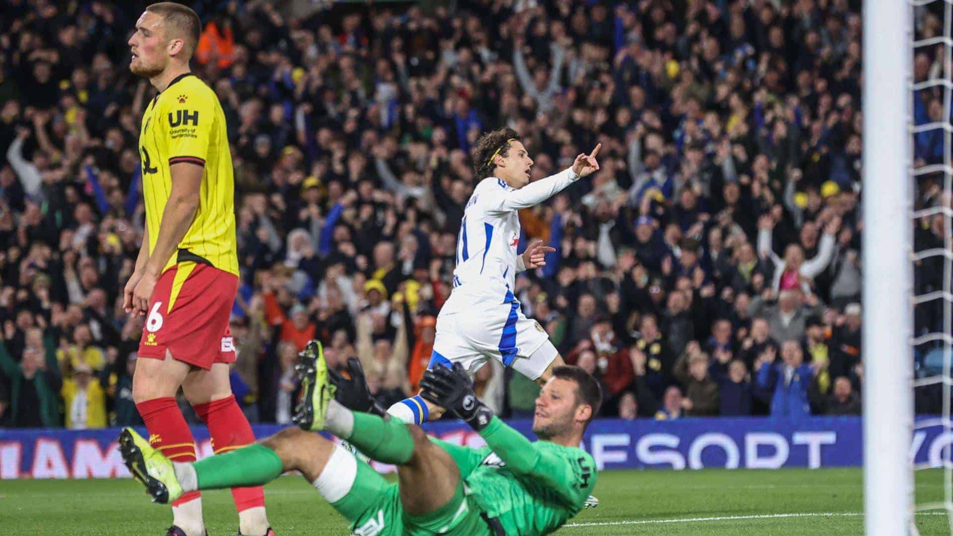 Brenden Aaronson wheeling away to celebrate his goal against Watford with goalkeeper Daniel Bachmann on the floor failing to find someone else to blame