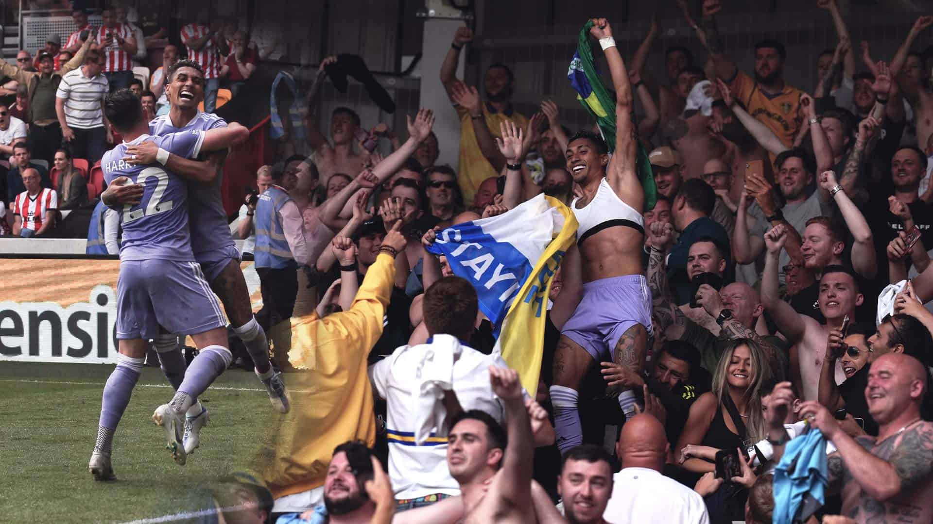 Jackie and Raphinha embracing on the pitch, and Rapha dancing with the fans