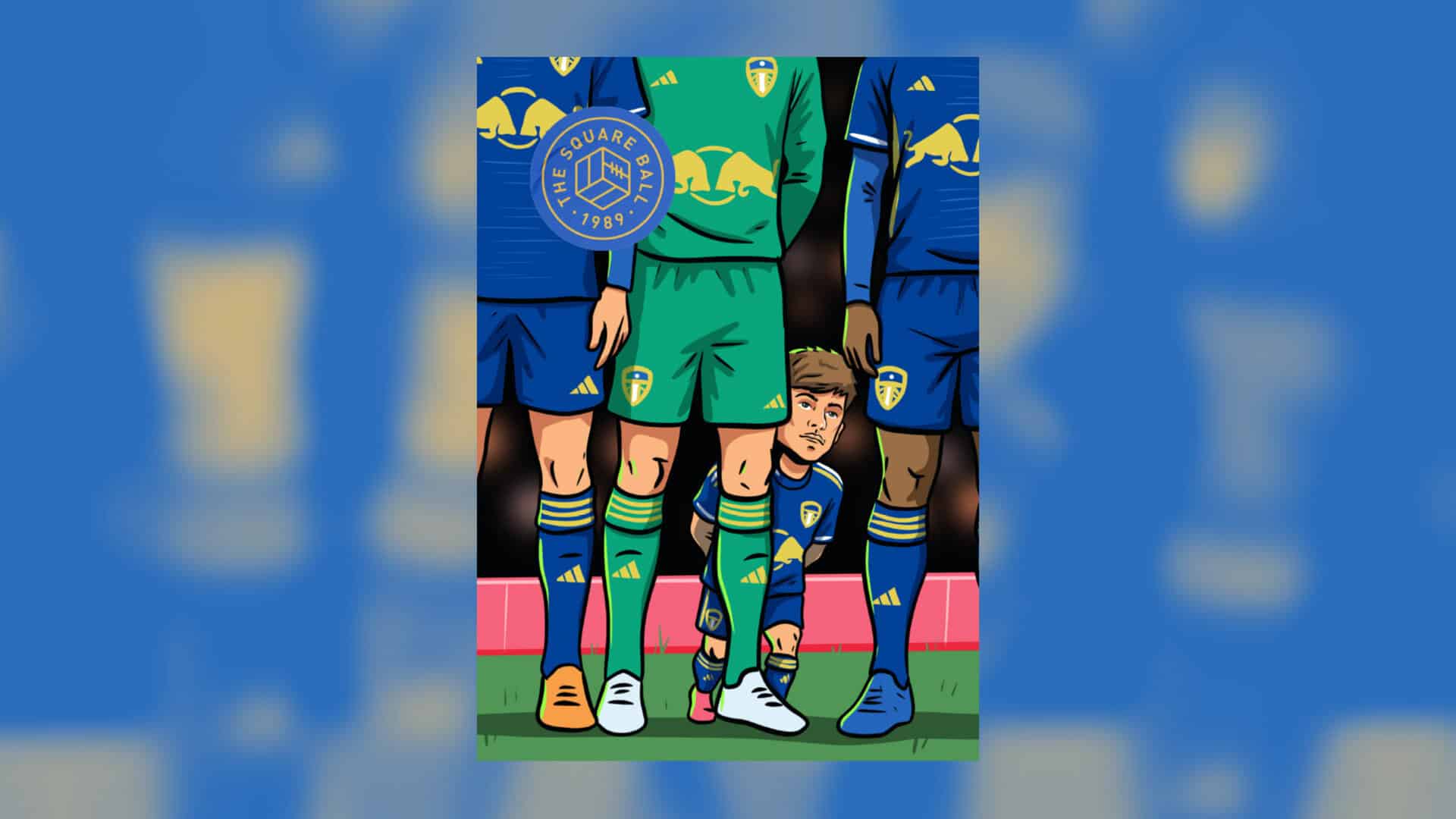 The cover of issue one of The Square Ball magazine 2025/26, featuring Dan James peering from behind the legs of the rest of Big Lads FC