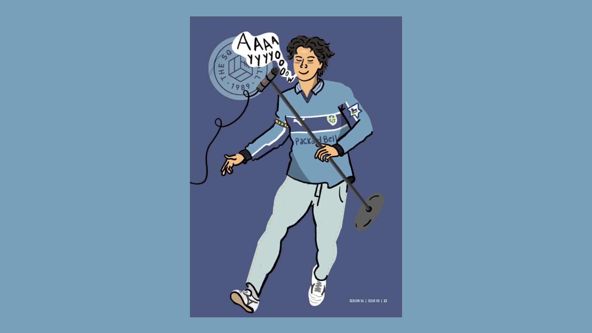 Arley Byrne's cover artwork for issue three of The Square Ball 2025/26, featuring Ao Tanaka rocking the mic in a 1999/2000 blue away shirt, AKA the Lazio shirt. What's not to love?
