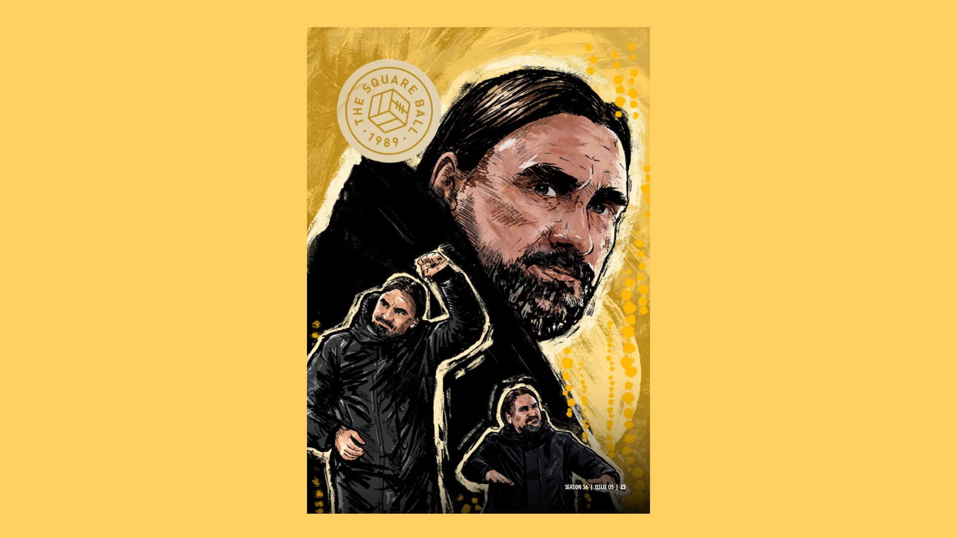 The cover of issue five of the 25/26 TSB magazine, featuring an illustration of Daniel Farke in his big black coat set against a yellow background by Emily Tartanella