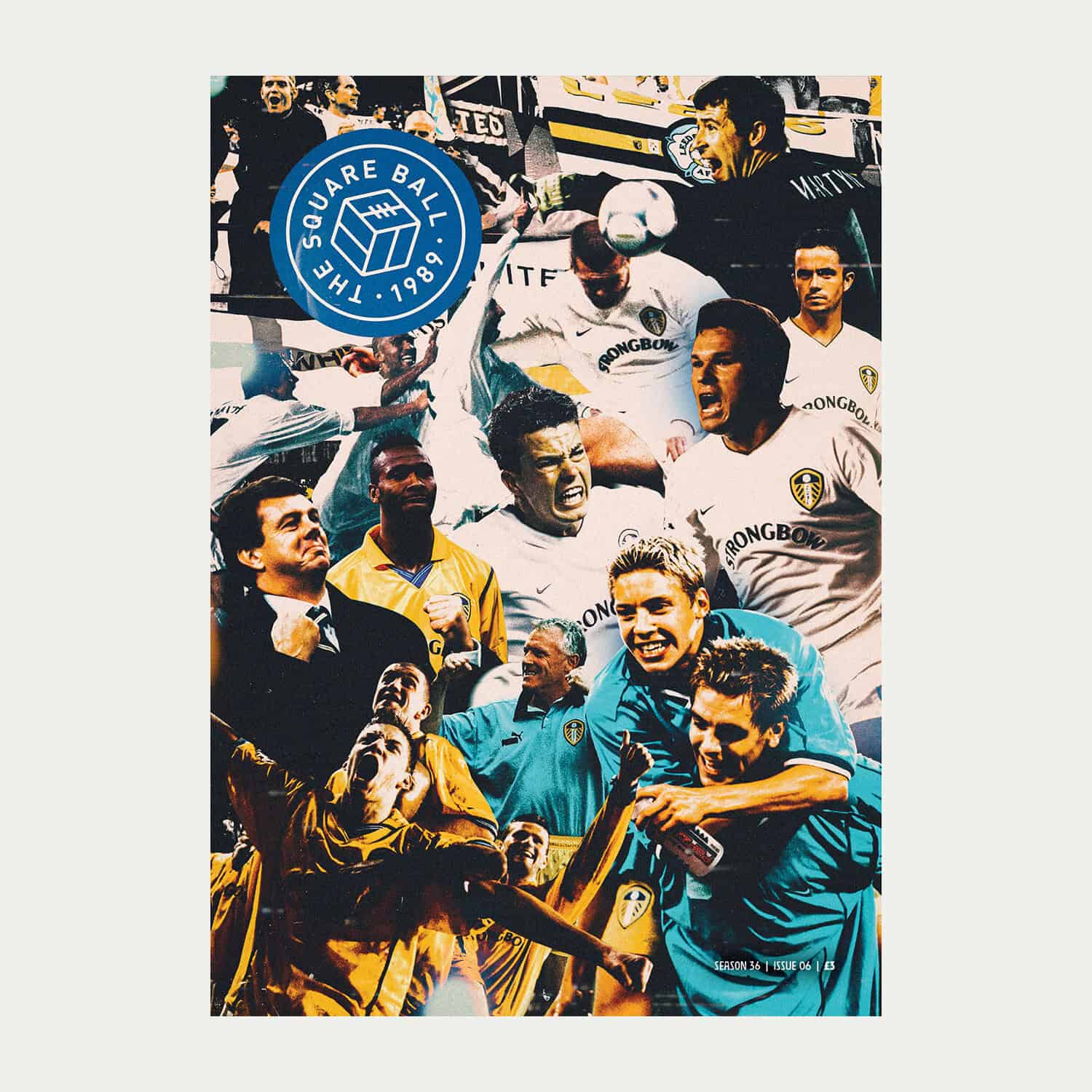 The cover of The Square Ball magazine issue six, 2025/26, featuring a collage of images from Leeds' run to the Champions League semi-finals 25 years ago