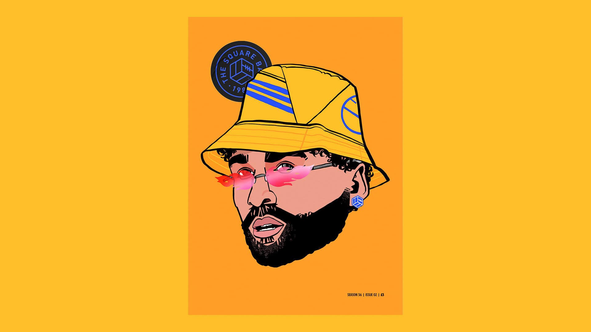 The cover artwork for issue two of The Square Ball 2025/26 season, featuring a cool illustration of Dominic Calvert-Lewin wearing pink sunglasses and a yellow smiley badge bucket hat, by Shannon Marriott
