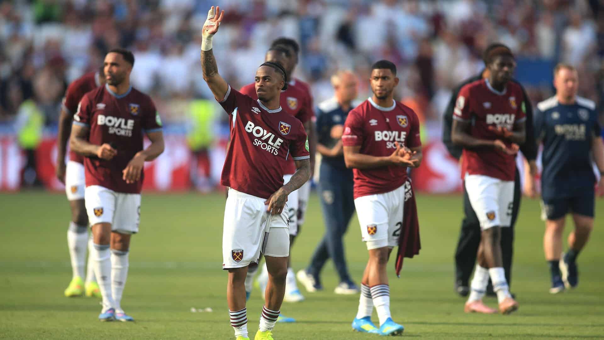 Crysencio Summerville waves towards the West Ham fans after their relegation. Too soon, Cree