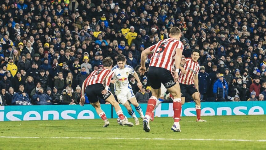 Dan James running with the ball at his feet, with three Sunderland defenders around him no doubt shitting themselves as the fans in the east stand behind him stand up in expectation