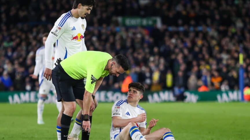 Dan James sitting on the floor looking at dickhead ref Dean Whitestone wondering what a guy's got to do to get a penalty round here?