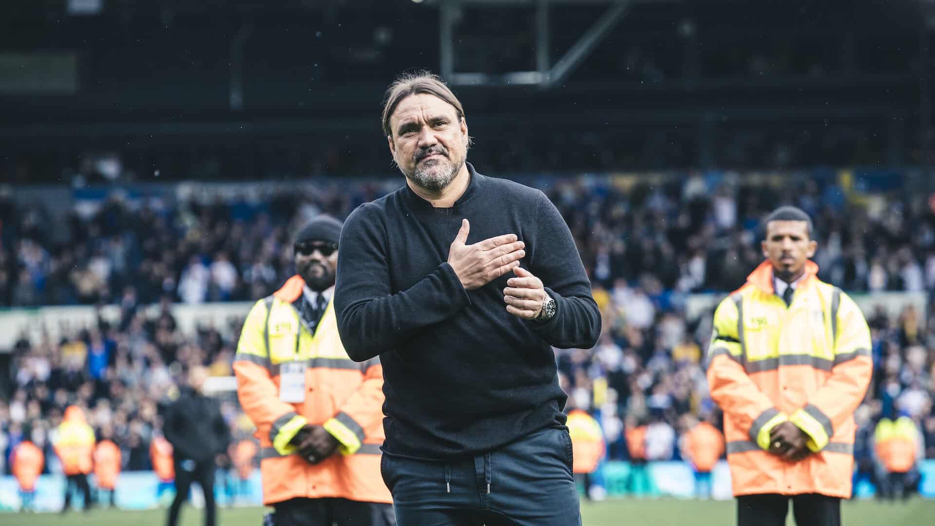Daniel Farke holding his hand to his heart after saluting the Kop following Leeds' win over Brighton