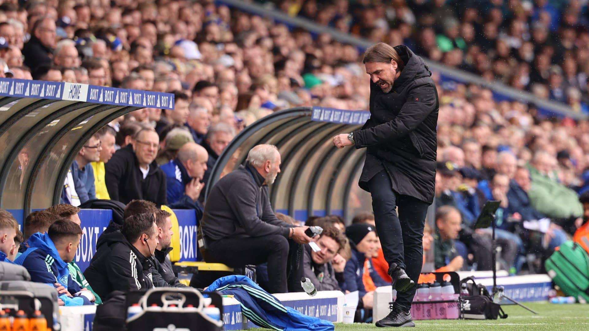 Daniel Farke aiming an air kick in the technical area during United's defeat to Blackburn