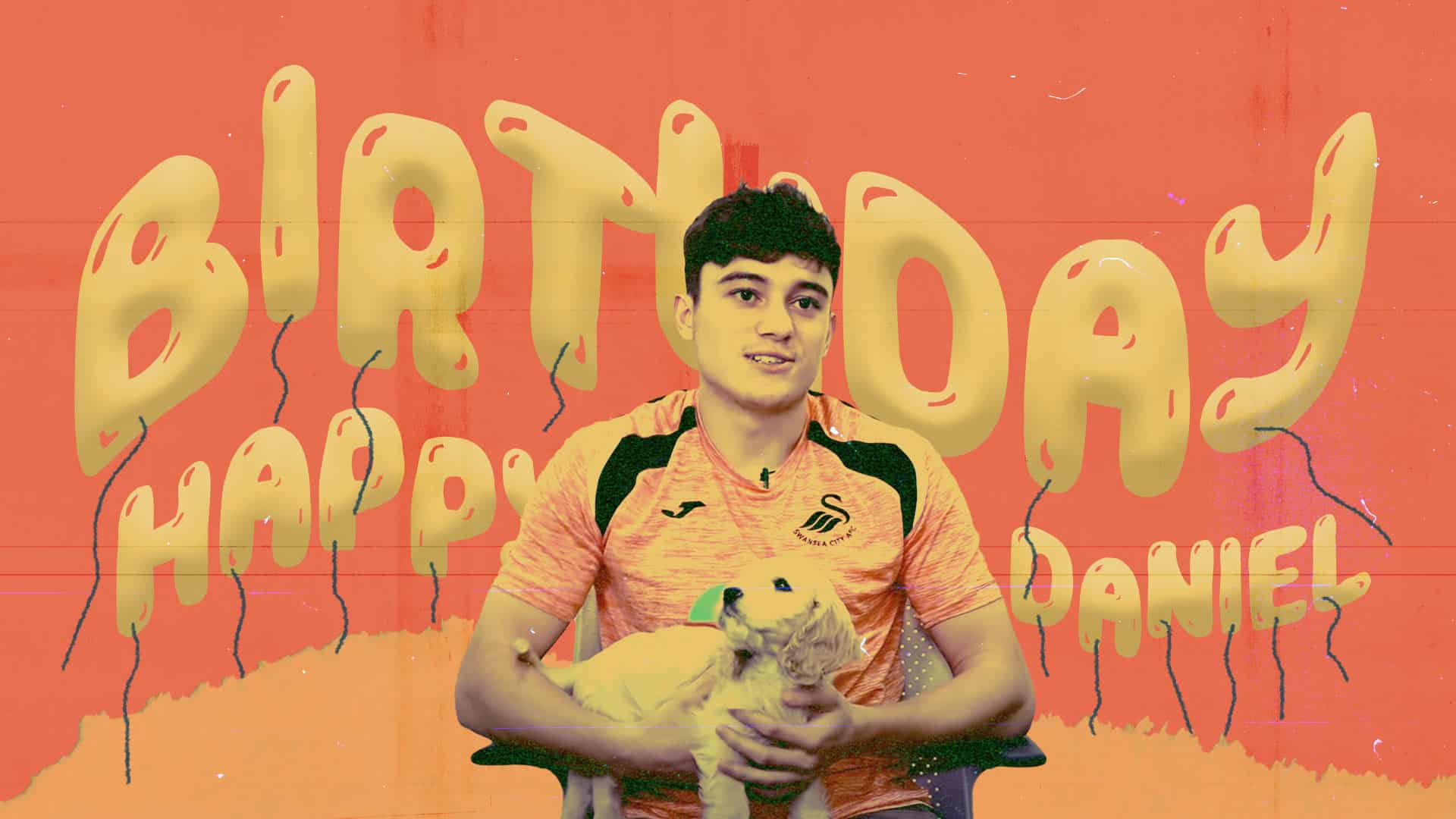 Dan James is holding his cute puppy Hugo in front of some balloons that say 'Birthday Happy Daniel', awwww