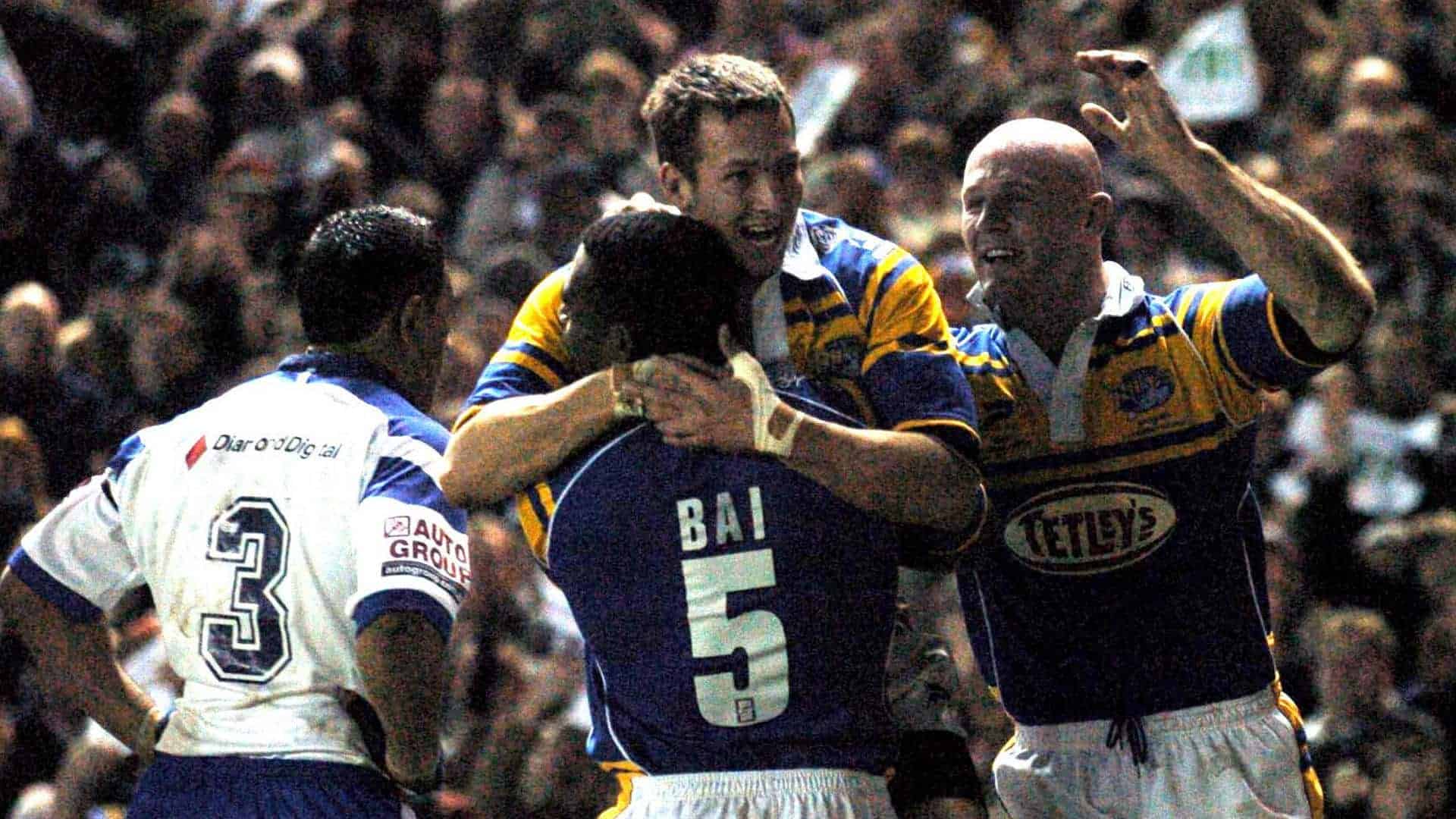 A photograph of Danny McGuire celebrating scoring for Leeds Rhinos at Elland Road in the 2005 World Club challenge