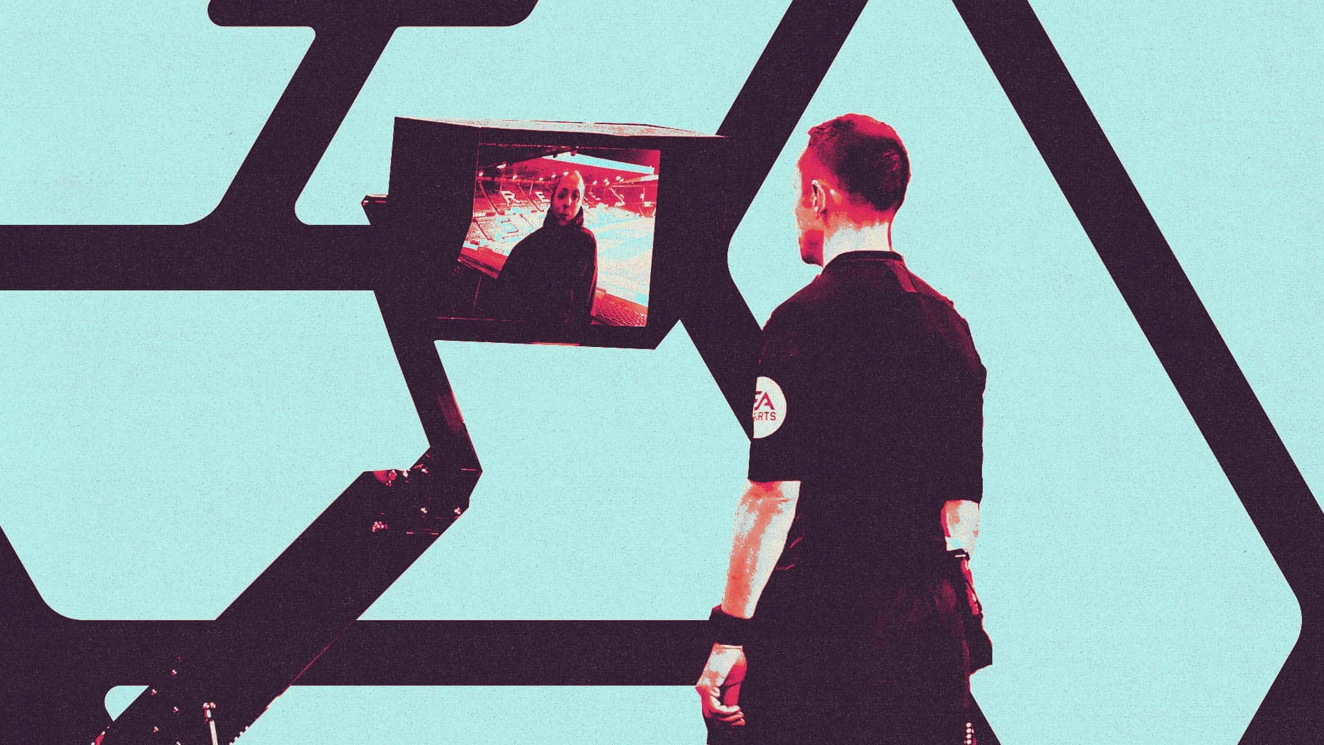 An image of our proposal to fix VAR: a referee going to a pitchside monitor, looking at a screen with Phil Hay on it, confirming 'GOOOOAAAAAALLLL'