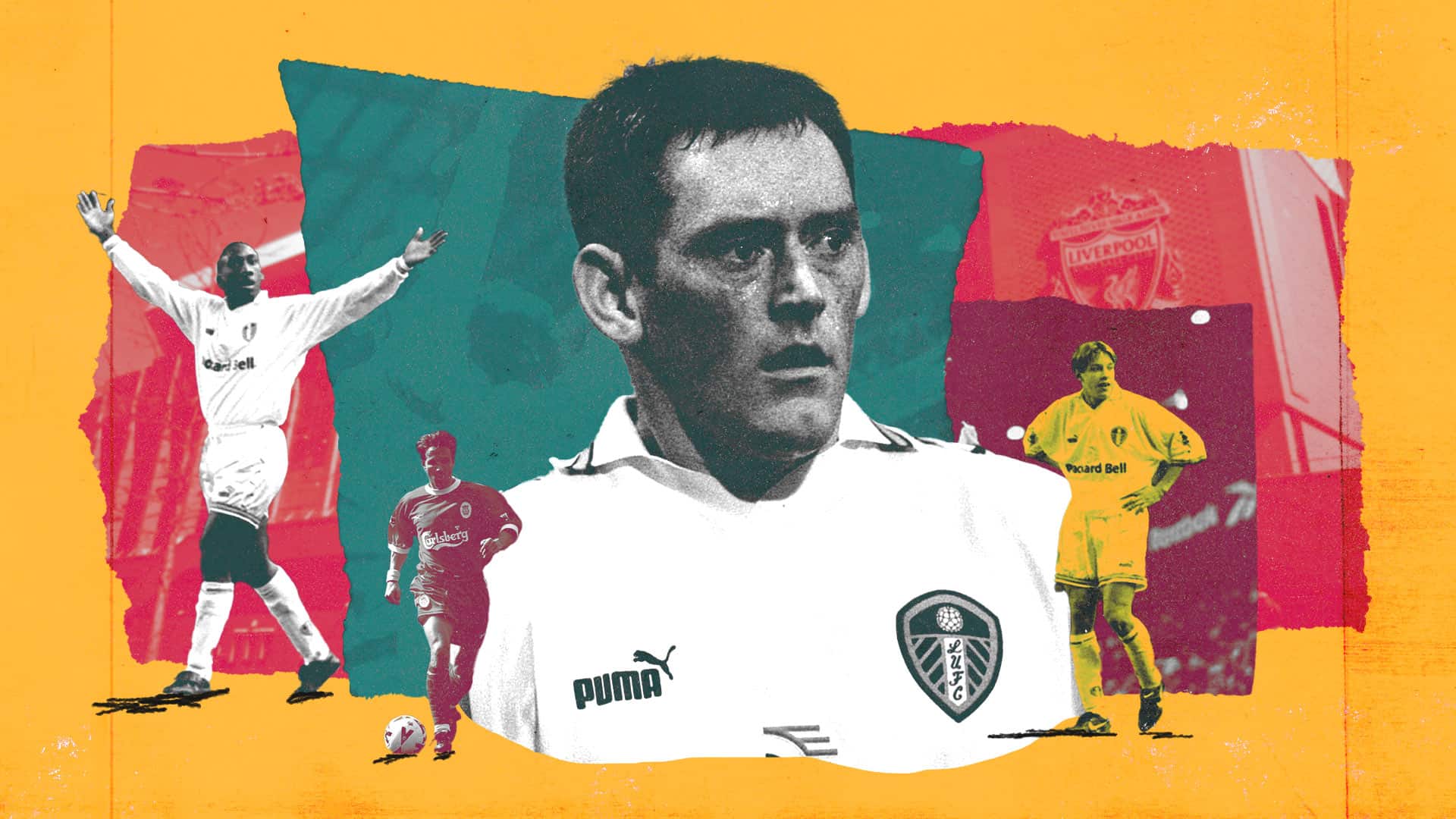 A graphic showing Leeds players from 1998 with David Hopkin right in the middle, fortunately hiding his teeth (or lack of)