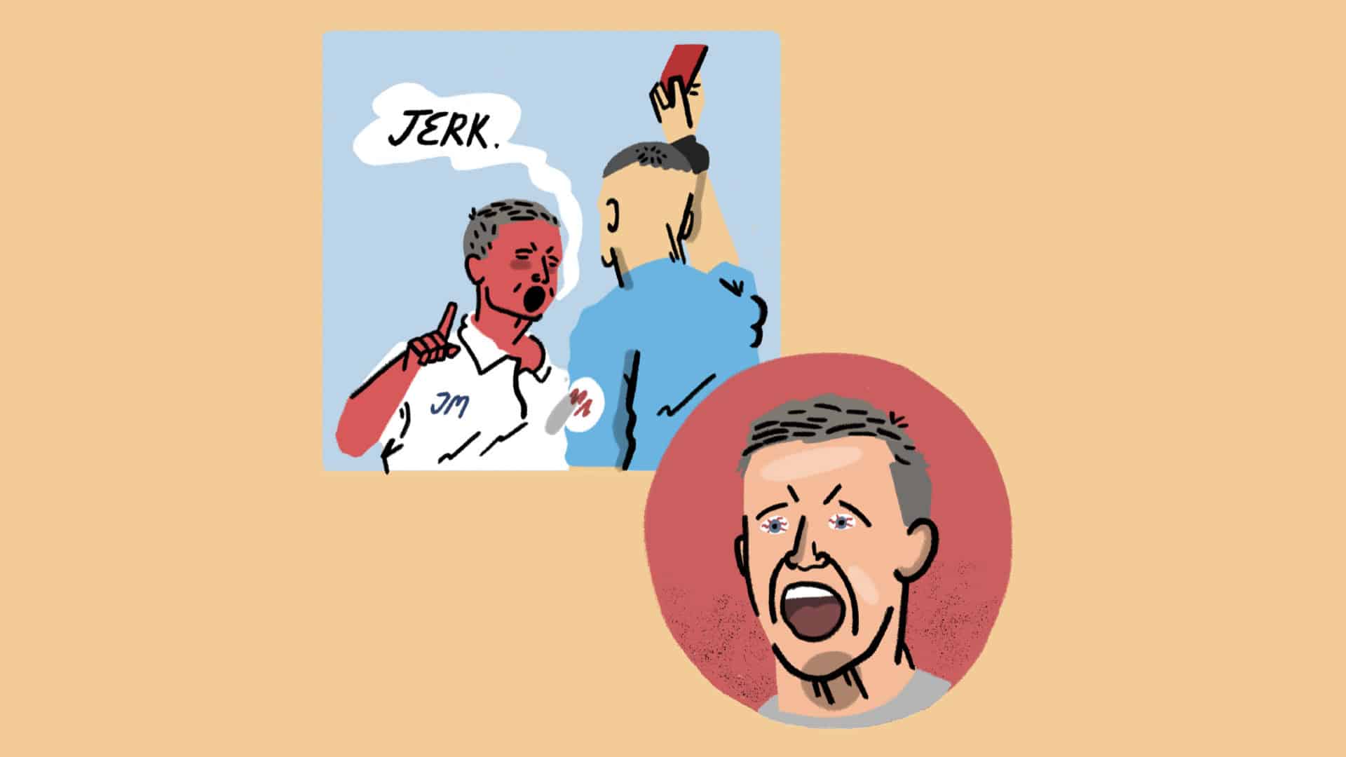 An illustration of Jesse Marsch, red in the face, being given a red card by a referee. There is a speech bubble with Jesse shouting 'JERK'