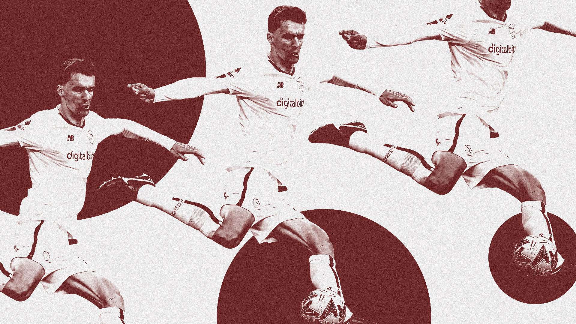 Artwork featuring a photo of Diego Llorente kicking a ball in the white away kit of AS Roma, doing some sort of weird twisting thing with his hips, arms and legs so he sort of looks like an optical illustion
