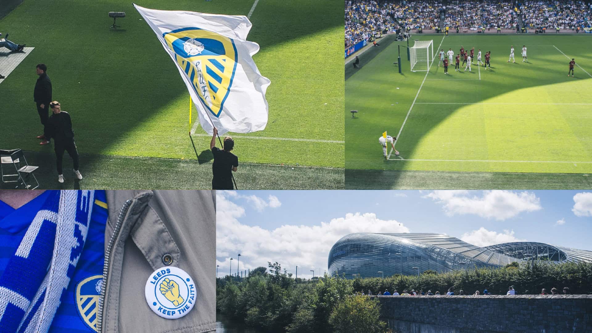 A collage of photographs from Leeds' pre-season friendly against AC Milan — flags, pin badges and the Aviva Stadium