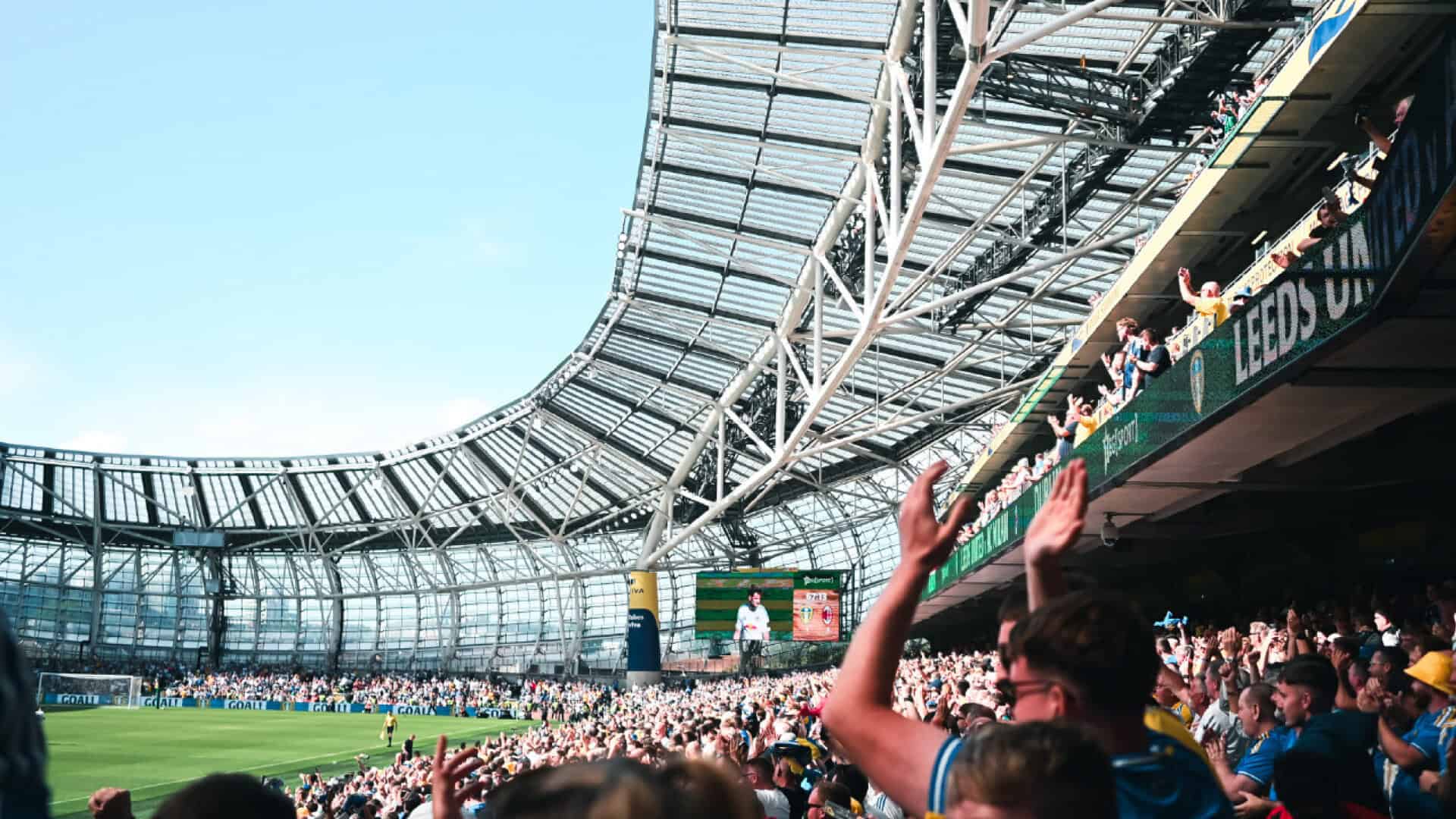 The view of the stands at the Aviva Stadium in Dublin filled with Leeds fans here, there and everywhere