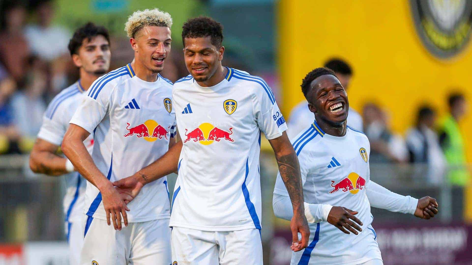Ethan Ampadu and Wilf Gnonto joining Georgi Rutter in celebrating his goal against Harrogate in pre-season, from a corner no less! Everyone looks happy, like everything is going to be completely fine forever