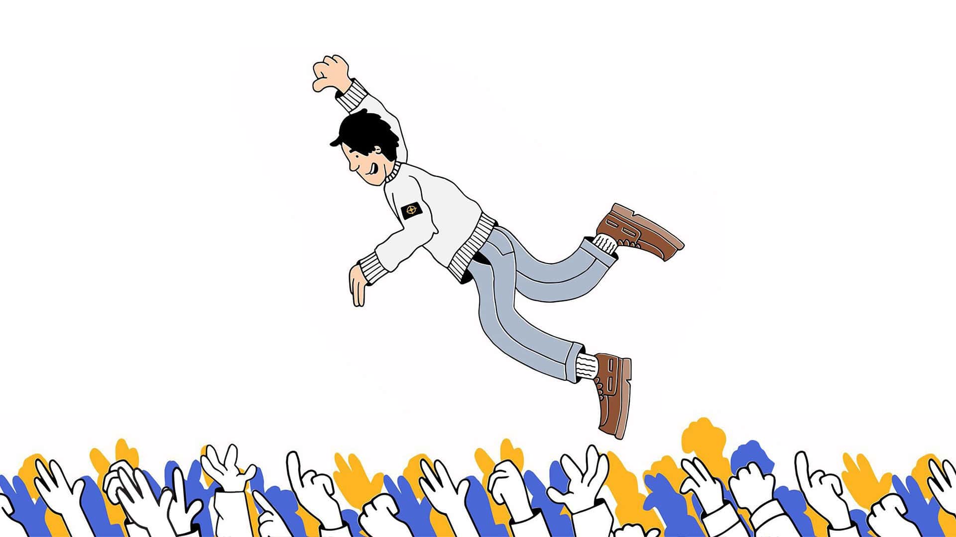 A cool illustration by Josh Parkin of the flying Leeds fan airborne above the terrace at Oxford, with only the hands of the Leeds fan in view below him