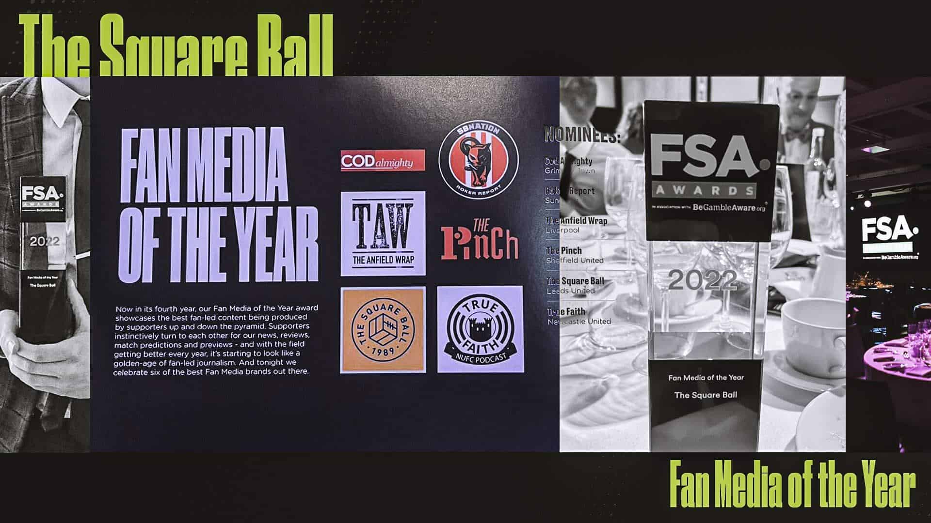 A collage of photos of the nominations for FSA Awards, and the trophy itself, which we bloody won!